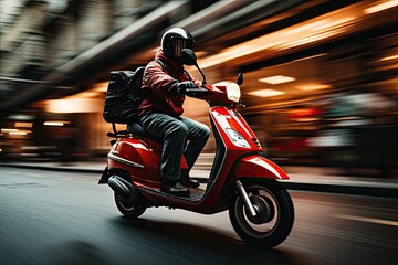 a human riding a red moped scooter delivery
