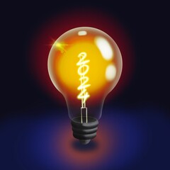 Illustration of glowing bulb in a dark background with concept of new year 2024