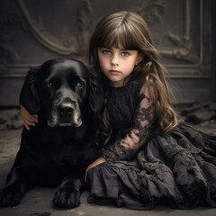 Bambina seduta vicino al suo cagnolino - obrazy, fototapety, plakaty