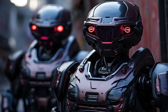 Robotic police officers patrolling city streets ensuring safety and maintaining law and order in a technologically advanced society, futurism image