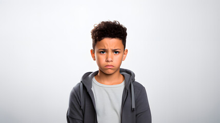 Angry brunette child on gray background