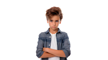 Angry child with arms crossed on white background.