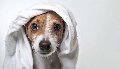 Portrait of a wet Jack Russell Terrier dog with a towel on his head on a white background.