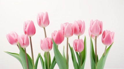 Close-up of delicate pink tulips, captured in high definition on a pure white backdrop.