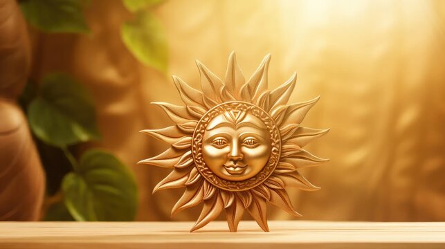 golden sun face and wooden ornament in gold paint.