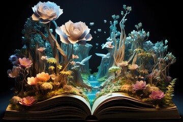 an open book with colorful flowers and trees,