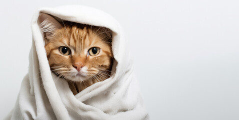 Portrait of a wet ginger cat in a towel on a white background.