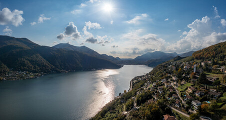 Fototapeta premium aerial panorama view of Vico Morcote village and Lake Lugano in southern Switzerland
