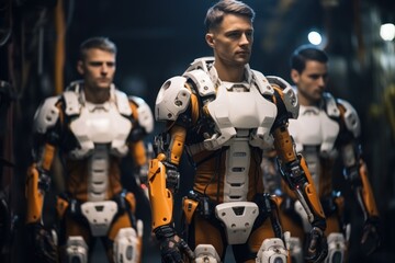 Futuristic sports training athletes embrace robotic exoskeletons for peak performance, futurism image - obrazy, fototapety, plakaty