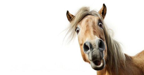 Portrait of a surprised horse on a white background. Banner concept for veterinary clinic or pet store.