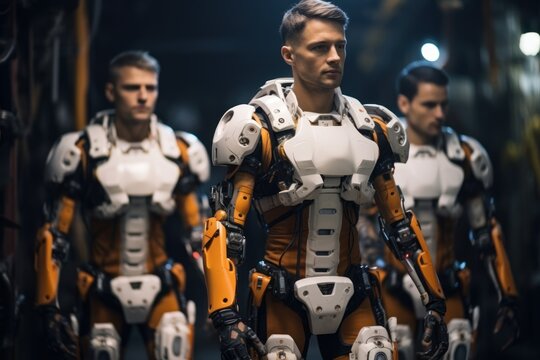Futuristic sports training athletes embrace robotic exoskeletons for peak performance, futurism image