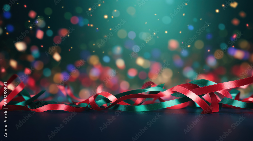 Poster abstract background with confetti on colorful ribbons on bokeh background