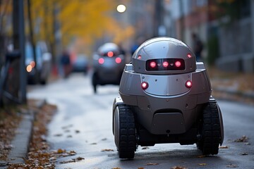 Advanced surveillance law enforcement robots ensuring city safety, futurism image - obrazy, fototapety, plakaty