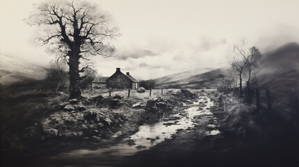 Paysage bucolique triste en noir et blanc 