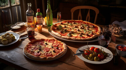 Table prête pour repas autour d'une pizza