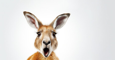 Portrait of a surprised kangaroo on a white background. Banner concept for veterinary clinic or pet store.