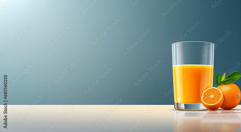 Poster a realistic glass of orange juice advertisement background with space for text at the side - ai gene