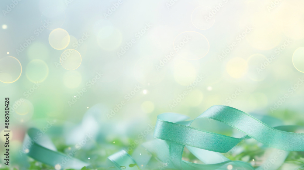 Poster abstract background with confetti on soft green ribbons on light bokeh backdrop