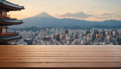 The empty wooden table top with blur background of japan city