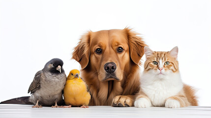 Cat, dog and exotic birds on a white background. Banner concept for veterinary clinic or pet store. - obrazy, fototapety, plakaty