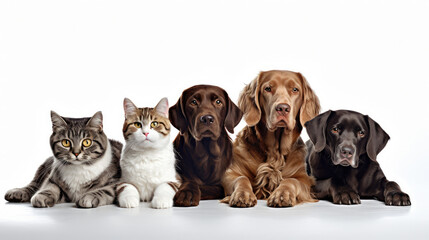 Group of lying cats and dogs on a white background