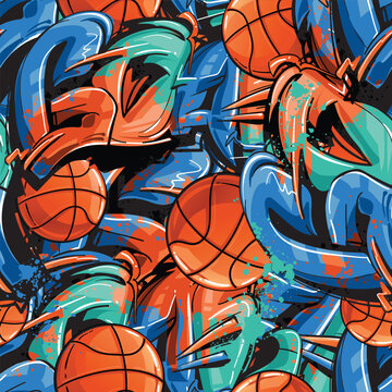 Football seamless pattern with basketball ball, street art style graffiti background text. Slogan Goal time. Sport wall repeat print for boy textile, wrapping paper. Basketball ornament