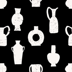 Seamless repeat pattern with hand-drawn trendy clay pots, vases, jugs, jars collection. Neutral colors ceramics design elements, pottery vector wallpaper. - 685161204