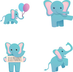 Cute elephant icons set cartoon vector. Baby elephant with balloon. Cartoon character