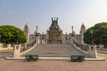 View of The famous Victoria Memorial with Garden, a large marble building in Central Kolkata, at...