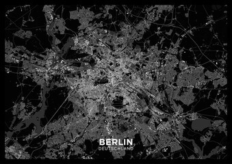 Berlin map. Detailed dark map poster of Berlin (Germany). Scheme of the city with roads, highways, railways, buildings, rivers etc.