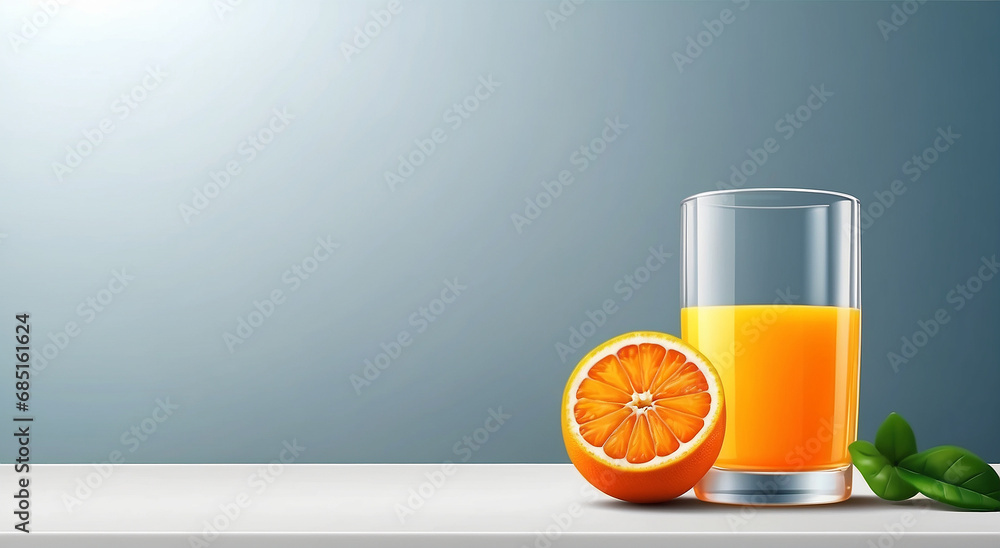 Poster a realistic glass of orange juice advertisement background with space for text at the side - ai gene