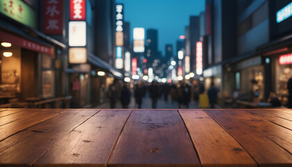 The empty wooden table top with blur background of japan night city