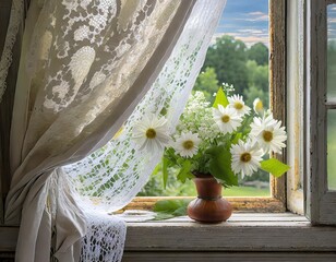 レースのカーテンの付いた窓と窓辺に置かれた白い花、生成AI