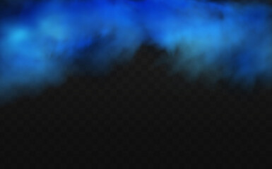 Naklejka premium Blue magical fog over the ground.Illustration of night transparent clouds and fog over the river. Realistic neon magic mist steam on a transparent dark background.