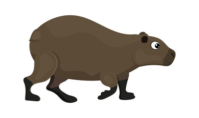 Brown walking capybara, cute cartoon character, beautiful adorable mammal. Lovely childish mascot. Rainforest logotype. Isolated on white background. Vector illustration