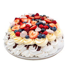Pavlova cake with whipped cream cheese, chocolate sauce, fresh strawberry, blueberry and raspberry, decorated with meringues on plain background