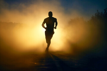 Silhouette of athlete running and surrounded by fog - obrazy, fototapety, plakaty