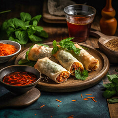 Fried chinese spring rolls with sweet chili sauce.