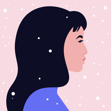 A face of a young Asian woman in profile under snowfall. Side view. Vector flat Illustration
