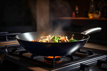 Fry vegetables on the stove in the kitchen
