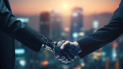 businessman check hand with robot for corparate between human and ai cityscape in background