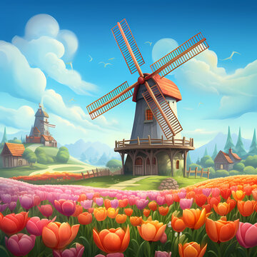 a peaceful tulip field with a wooden windmill and a clear sky