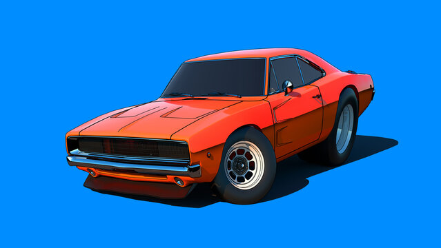 Naklejki A red muscular car with a big engine. Orange cartoon car on a blue background. Classic American sports car. 3D rendering
