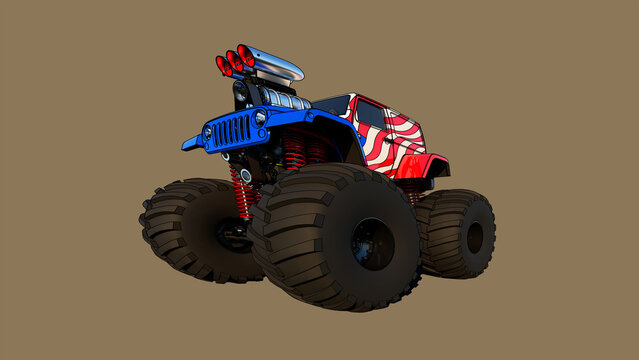 A monster truck with a big engine. American flag on a car. Classic American sports car. Bigfoot on a brown background. Car on huge wheels. 3D rendering