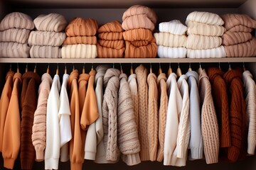 Cozy closet filled with warm and inviting oversized sweaters, hygge concept