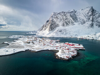 Aerial view of Reine, village at the very end of the Lofoten islands, with its typical red cabins