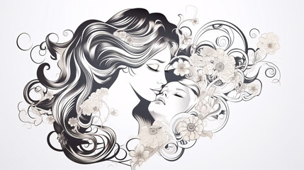 Fototapeta premium Clean Outline Drawing of Mother, Featuring Very Thin Lines for a Chic Aesthetic.