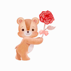 Watercolor Brown Color Teddy Bear Holding a Rose Vector