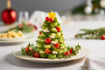 Foto op Aluminium Veggie Christmas tree appetizer made with brussels sprouts, cheese and cherry tomato. Horizontal, side view. © Iryna