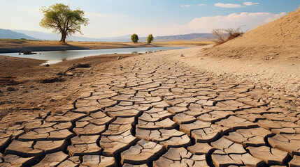 Desert dry land, cloudy blue sky over dried out, cracked nature. Concept of water shortage, environmental problem, climate change. Population exodus due to famine - obrazy, fototapety, plakaty